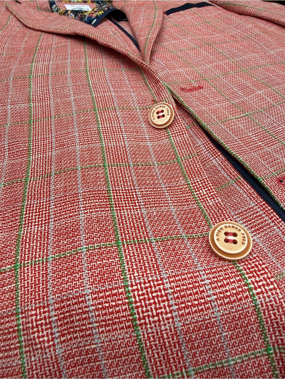 A Fish Named Fred Blazer Men 42R EU 54 Plaid Sport Coat Orange Green Italian